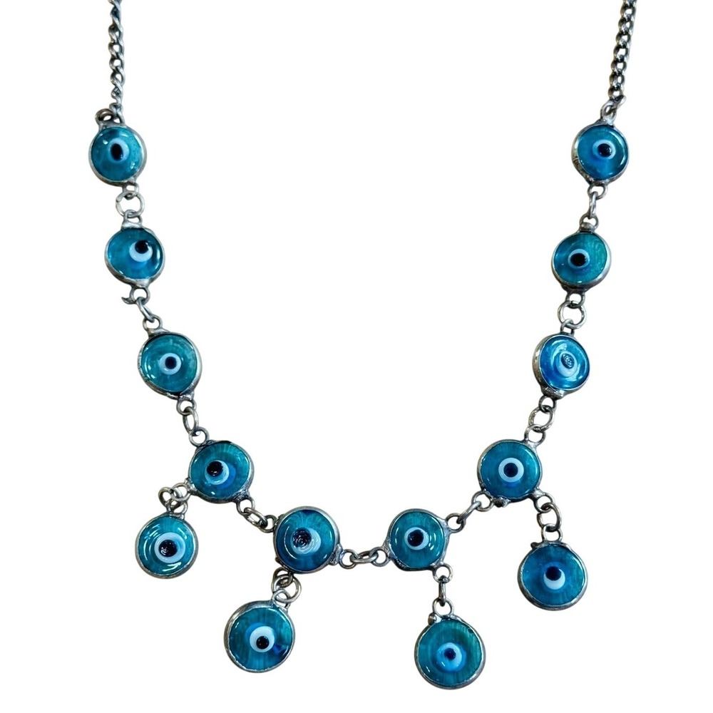 Boho Evil eye Blue Necklace Glass Bezel Turkish Murano Silver Tone Fringe Choker